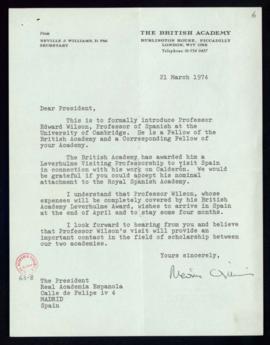 Carta de Neville J. Williams, secretario de la Academia Británica, al presidente de la Real Acade...