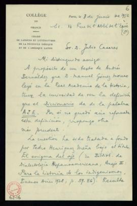 Carta de Marcel Bataillon a Julio Casares sobre la definición que el Diccionario da de la palabra...