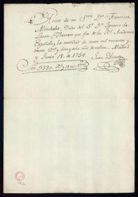 Recibo de Juan de Iriarte de 9330 reales de vellón de Francisca Mincholet, vuida de Ignacio de Luzán