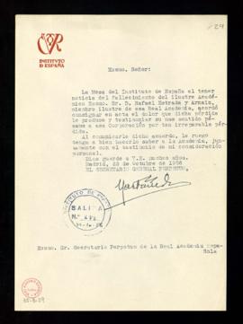 Carta del secretario general perpetuo del Instituto de España al secretario en la que le transmit...