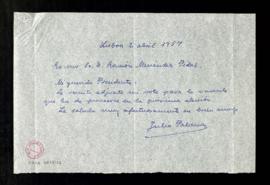Carta de Julio Palacios a Ramón Menéndez Pidal con la que le remite su voto para la vacante que h...