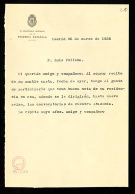 Copia de la carta de Julio Casares a Luis Fullana en la que le asegura que ha tomado nota de su n...
