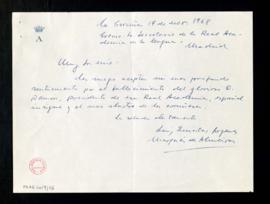 Carta de Luis Quintas Goyanes, marqués de Almeiras, al secretario de la Academia en la que envía ...