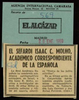 Recorte del diario El Alcázar con la noticia titulada El sefardí Isaac R. Molho, académico corres...