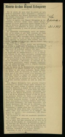 Recorte del diario La Época de 21 de enero de 1927, con la noticia del fallecimiento de Miguel Ec...