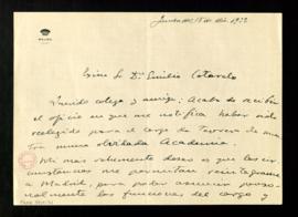 Carta de Maura a Emilio Cotarelo en la que acusa recibo del oficio de su reelección para el cargo...