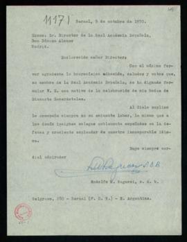 Carta de Rodolfo M. Ragucci al director, Dámaso Alonso, en la que le agradece la adhesión de la A...