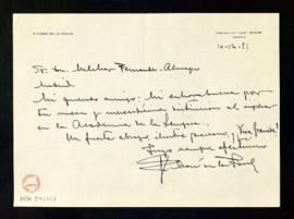 Carta de F. Moré de la Torre a Melchor Fernández Almagro en la que le felicita por su ingreso en ...