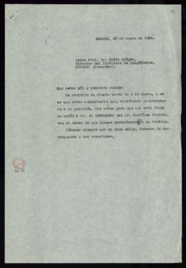 Copia sin firma de la carta de Julio Casares a Fritz Krüger en la que le anuncia que le va a envi...