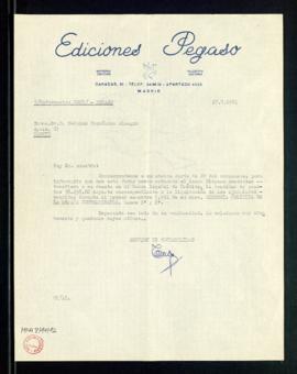 Carta de la sección de Contabilidad de Ediciones Pegaso a Melchor Fernández Almagro en la que le ...
