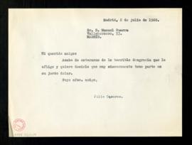 Copia de la carta de pésame de Julio Casares a Manuel Guerra