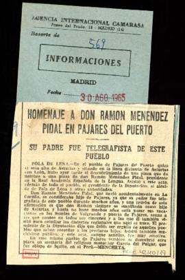 Recorte del diario Informaciones con la noticia Homenaje a don Ramón Menéndez Pidal en Pajares de...