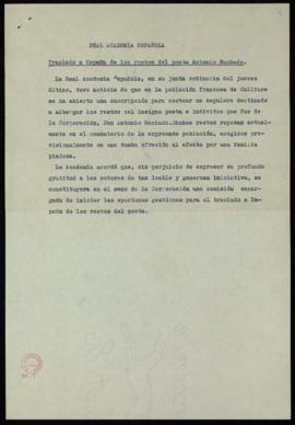 Copia del acuerdo de la junta sobre el traslado a España de los restos mortales de Antonio Machad...