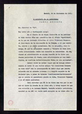 Copia de la carta abierta de Julio Casares al director del diario Ya, titulada A propósito de un ...