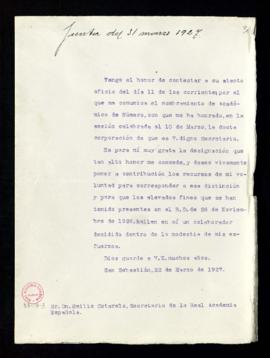 Oficio sin firma [de Julio de Urquijo] a Emilio Cotarelo, secretario de la Academia, en el que co...