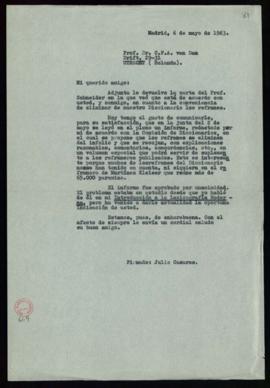 Minuta de la carta de Julio Casares a C. F. Adolf van Dam con la que le devuelve la carta del pro...