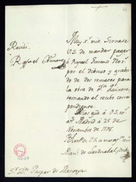 Orden de Manuel de Lardizábal del pago a Rafael Ximeno de 720 reales de vellón por el dibujo y gr...