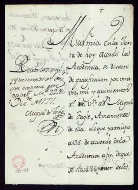 Carta de Manuel de Lardizábal a Gaspar de Montoya sobre la gratificación de 1500 reales de vellón...