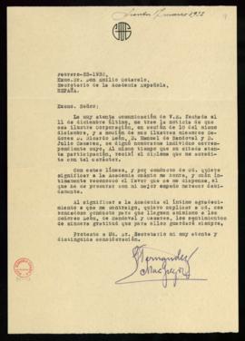 Carta de Genaro Fernández Mac Gregor a Emilio Cotarelo en la que acusa recibo de la comunicación ...