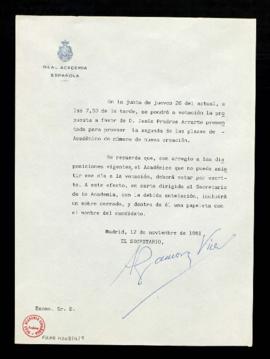 Minuta de la circular del secretario Alonso Zamora Vicente a los académicos, en la que les recuer...