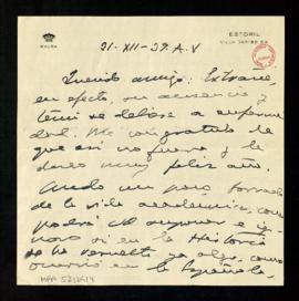 Carta de Gabriel Maura Gamazo a Melchor Fernández Almagro en la que le dice que se alegra de que ...