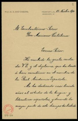Carta de Selly Gräfenberg a Mariano Catalina, secretario, en la que acusa recibo de su carta y de...
