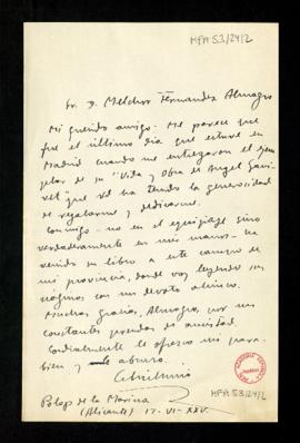 Carta de Gabriel Miró a Melchor Fernández Almagro en la que le agradece el envío de su Vida y obr...