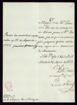 Orden de Pedro de Silva a Gaspar de Montoya del pago a Gerónimo Antonio Gil de 15 doblones por un...