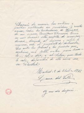 Nota de Laura del Valle sobre el destino de una carpeta de correspondencia de su marido, Bonifaci...