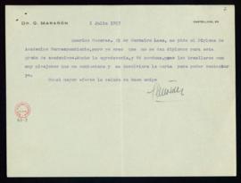 Carta de Gregorio Marañón a Julio Casares en la que le dice que Antonio Carneiro Leão le ha pedid...