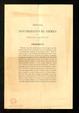 Prospecto de la Historia del descubrimiento de América por Emilio Castelar