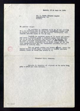 Copia de la carta de Julio Casares a Tomás Álvarez Angulo de agradecimiento por los halagos dedic...
