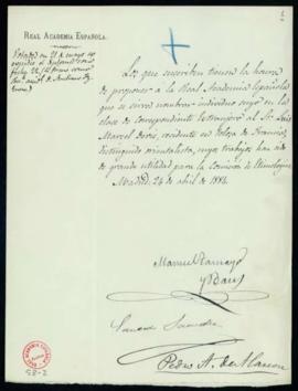 Propuesta firmada por Manuel Tamayo y Baus, Eduardo Saavedra y Pedro Antonio de Alarcón de Louis ...
