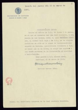 Carta de Enrique Moreno Báez al secretario en la que acusa recibo de su nombramiento como académi...