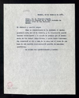 Copia sin firma de la carta [del secretario] a Federico Sopeña, secretario de la Real Academia de...