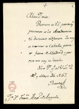 Carta de Vicente García de la Huerta a Francisco Antonio de Angulo con la que le envía un discurs...