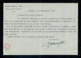 Carta de Teodoro Llorente Falcó a Julio Casares en la que le agradece su voto para correspondient...