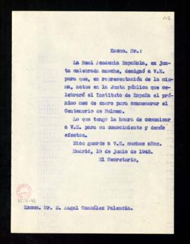 Copia del oficio del secretario a Ángel González Palencia de comunicación de su designación como ...