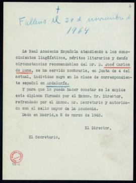 Minuta del diploma de José Carlos de Luna de académico correspondiente español en Andalucía