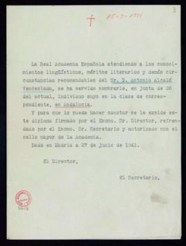 Minuta del del diploma de Antonio Alcalá Venceslada de académico correspondiente español en Andal...