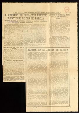 Recorte de prensa de diario ABC con la noticia sobre el entierro de Pío Baroja presidido por el m...