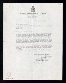 Carta de Arturo Agüero Chaves, secretario de la Academia Costarricense de la Lengua, a Rafael Lap...