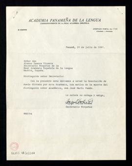 Carta de Miguel Mejía Dutary, secretario de la Academia Panameña de la Lengua, a Alonso Zamora Vi...
