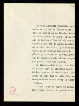Copia del oficio sin firma del secretario a Antonia Silvela y Corral, viuda de Félix de Llanos y ...