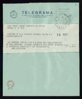 Telegrama de Inna Terterian al director de la Real Academia Española con el que informa de que ac...
