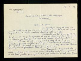Carta de José Tomás Cabot a Melchor Fernández Almagro en la que le agradece la suya en la que le ...