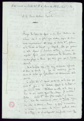 Carta de Adolfo de Castro en la que ofrece a la Academia un volumen manuscrito en folio que conti...