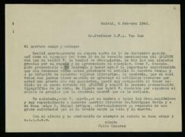 Minuta de la carta de Julio Casares a C. F. Adolf van Dam en la que le agradece el envío de la tr...