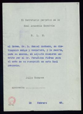 Copia sin firma del besalamano de Julio Casares, secretario, a Manuel Machado con el que le remit...