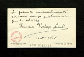 Tarjeta de Francisco Verdugo Landi en la que felicita a Melchor Fernández Almagro